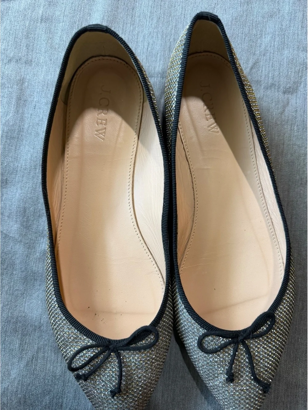 J.Crew Women's Size 8 Gemma Glitter Ballet Flats Silver & Gold Black Trim
